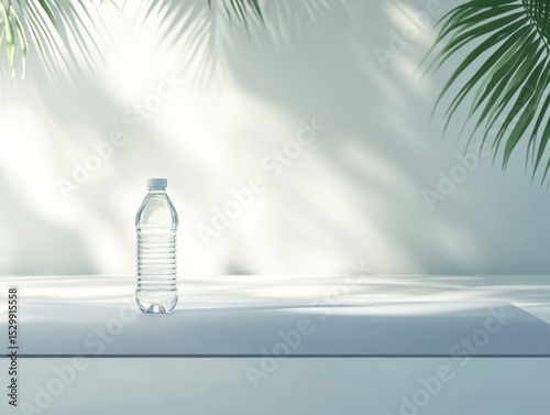 Clear plastic water bottle on a light blue mat.