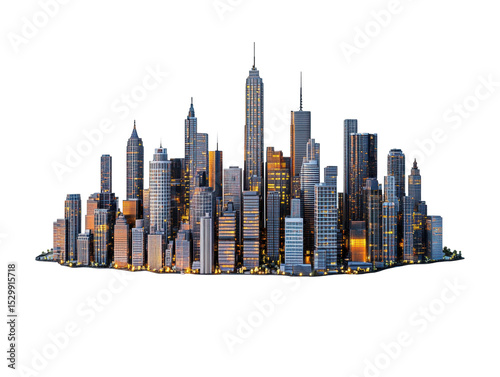 A modern city skyline at night.