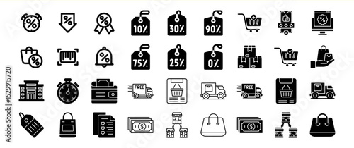 Ecommerce and Shopping Glyph Icons: A comprehensive collection of black and white vector icons related to online shopping, discounts, delivery, and more.