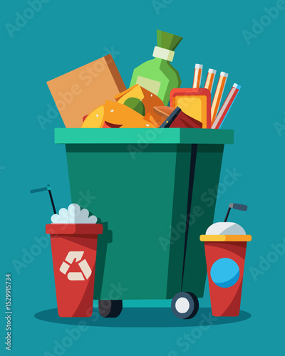 A dumpster overflowing with disposable food containers and packaging from a fast food restaurant.. Vector illustration