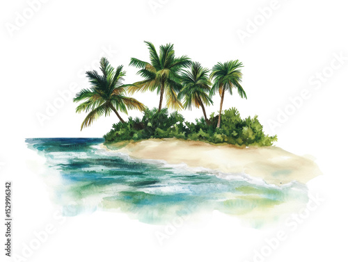 Watercolor illustration of a tropical island.
