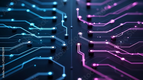 A close up view of a circuit board with blue and pink lines and glowing dots on a dark background