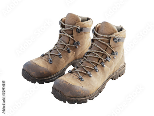Pair of rugged, worn hiking boots.