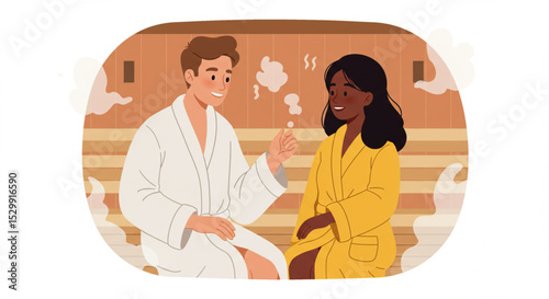  Cartoon Young Loving Couple Conversing in Dry Sauna – Vector Bathhouse Illustration