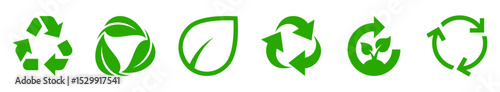 Set of green eco icons including recycle symbols, leaves, circular arrows, and nature elements. Perfect for sustainability, environment, and renewable energy themes.