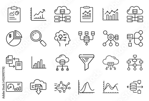 Data analytics icon set with various charts and graphs in line art  