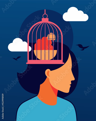 Emotions caged inside his mind stifled by words he couldnt express leaving him feeling isolated and alone.. Vector illustration