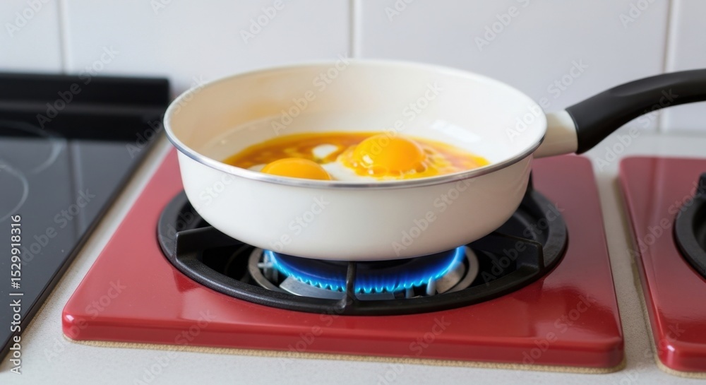 Cooking eggs on gas stove in white frying pan with red burner and blue flame Cooking eggs on gas stove in white frying pan with red burner and blue flame