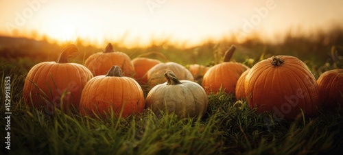 The pumpkins scattered across a sunlit field during autumn's golden hour.