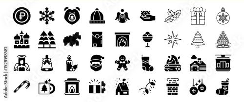 Christmas and winter holiday icons collection:  A set of black glyph icons related to Christmas, winter holidays, and New Year.