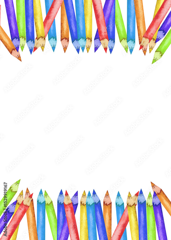 Fototapeta premium Creative design template with vibrant colorful pencils for arts and crafts. Template for certificate, diploma, invitation. Copy space. End of course. Back to school. Education concept. Hand drawn