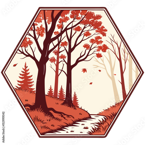 Autumnal Forest Stream Red and Gold Fall Foliage Hexagon Illustration