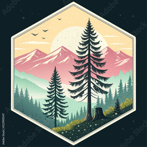Majestic Mountain Landscape with Pine Trees Retro Illustration