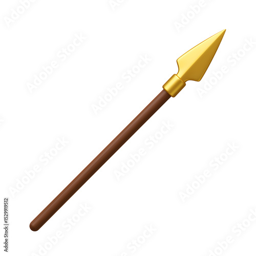 3D Stylized Golden Spear with Pointed Tip and Brown Shaft, Representing Strength and Historical Warfare