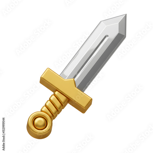 3D Stylized Silver Sword with Gold Hilt and Rectangular Guard, Perfect for Fantasy and Medieval Themes