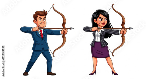 Cartoon Businessman and Businesswoman with Bow and Arrow Vector Illustration