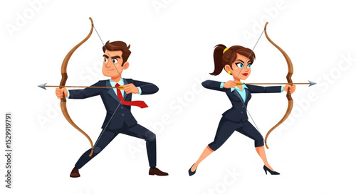 Cartoon Businessman and Businesswoman with Bow and Arrow Vector Illustration
