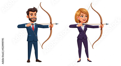 Cartoon Businessman and Businesswoman with Bow and Arrow Vector Illustration