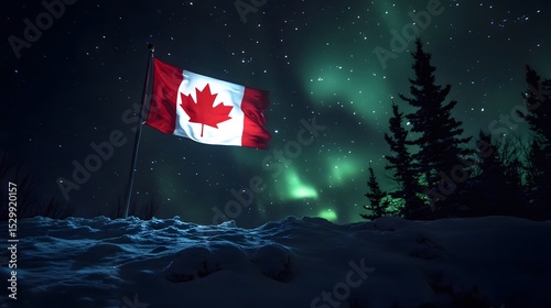 Canadian flag waving proudly under the northern lights in winter wonderland scene