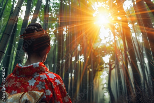 Asian woman wearing japanese traditional kimono at Bamboo Forest in Japan