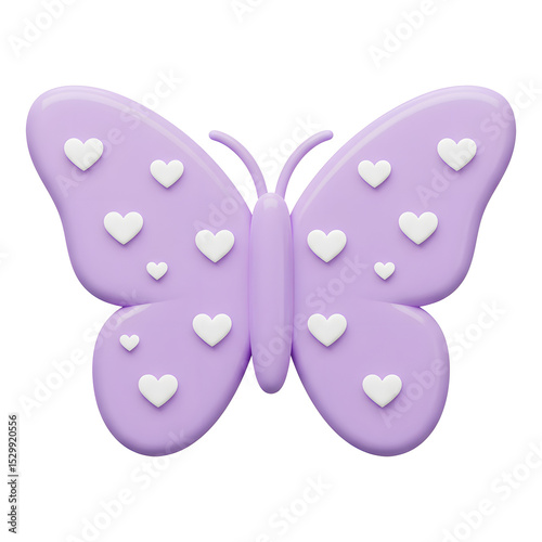 3D Purple Cartoon Butterfly with White Heart Patterns on Wings, Symbolizing Love and Transformation