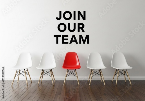 A row of five chairs, with one red chair among white ones, and the phrase 