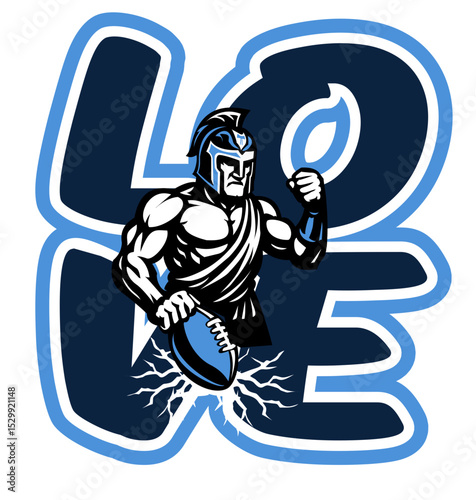 “Love” in bold with a Titan warrior smashing the ball, creating cracks. Armored with tubes, wearing a battle helmet. Sky blue and navy tones. Sporty and powerful design.
