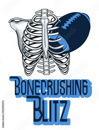 Skeleton ribcage pierced by football, ribs broken around impact. ‘bone crushing blitz’ text below in Blue Navy and Blue Sky tones.