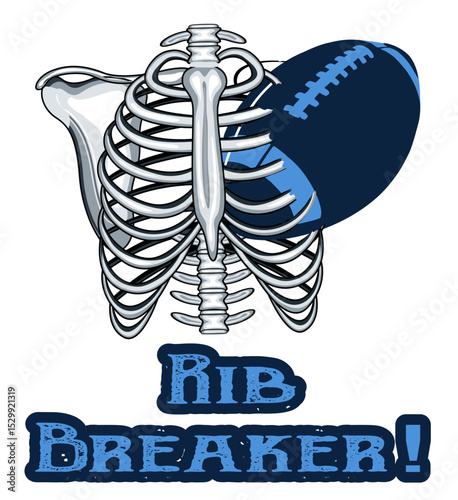 Skeleton chest impaled by a football, ribs shattered from the hit. Bold ‘RIB BREAKER!’ text below in Blue Navy and Blue Sky colors.