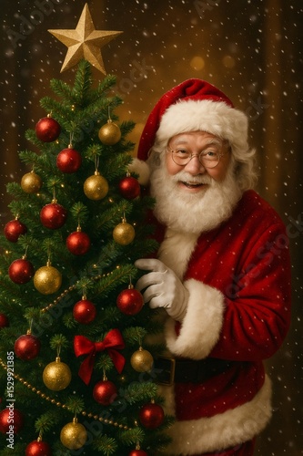 Santa Claus is smiling while decorating a Christmas tree with red and gold ornaments, under a soft snowfall
