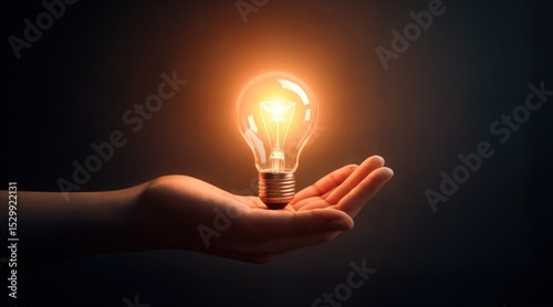 Human hand presenting innovation with floating symbols