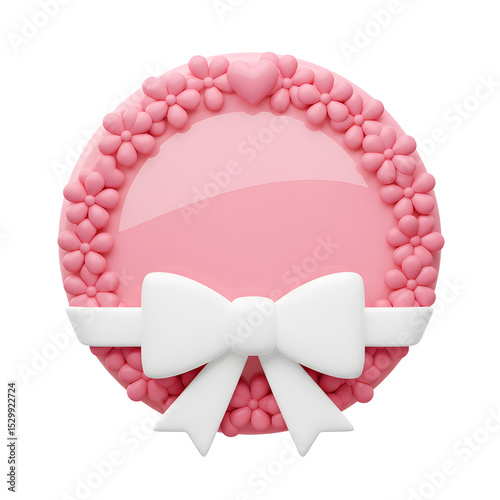 3D Pink Circular Badge with White Bow and Heart-Shaped Decorative Border, Ideal for Romantic Themes