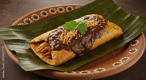 A tamale with mole sauce on a banana leaf served on a decorative plate for a delicious meal