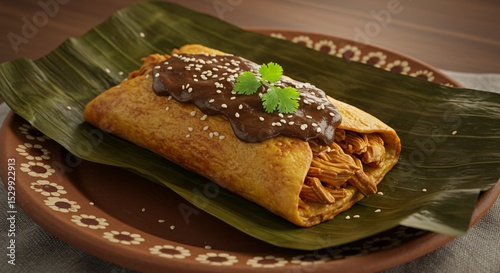 Close up of a tamale topped with mole sauce and sesame seeds on a banana leaf on a plate