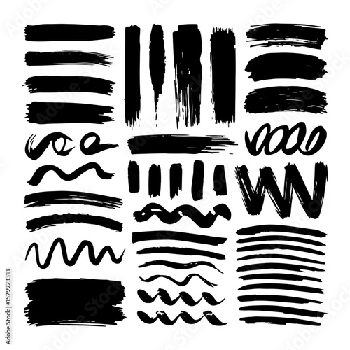Ink Stroke Set. Dynamic black ink strokes and sketch lines with diverse brush shapes for artistic and decorative use.