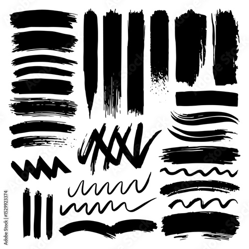 Ink Stroke Set. Variety of bold hand-drawn brush stroke elements with expressive texture and organic shapes.