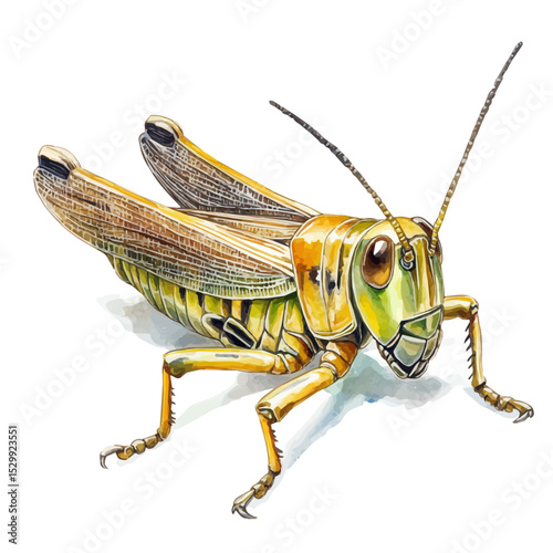 Grasshopper Close Up, watercolor clipart vector, isolated on a white background.