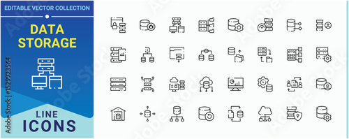 Data Storage icon set. Contains outline symbols like data center, server, computing, data, hosting, host, analytics and more. Database linear icon collection. Minimal icons pack. Editable vector art.
