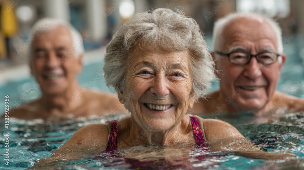 Fototapeta premium Three seniors are happily swimming in a community pool. They smile broadly while engaging in a gentle water exercise routine. Sunlight filters through the water, creating a cheerful atmosphere.