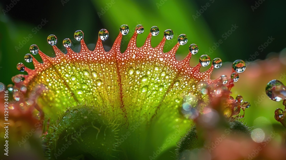 Naklejka premium Close-up of a Venus flytrap leaf covered in dew drops.