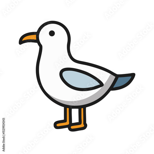 White cartoon seagull with yellow beak and feet in flat style