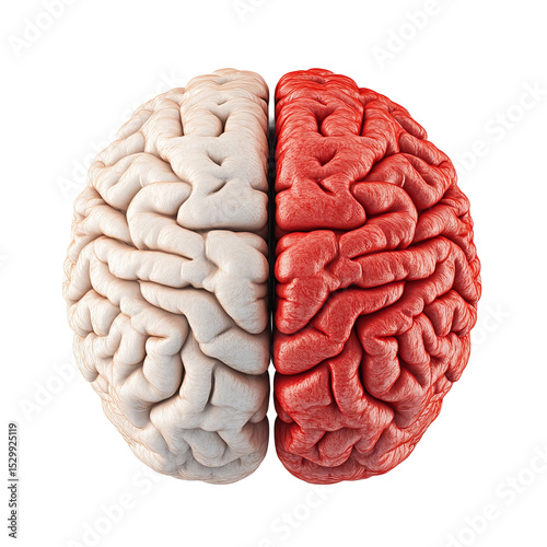Brain Divided: A detailed, studio shot of a human brain, split into two distinct hemispheres. One side is depicted in a stark white, the other in a vibrant red.