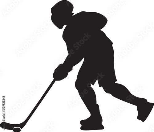 Silhouette of Hockey Player in Motion Skating Toward Puck – Black Figure with Hockey Stick Depicted Against White Background, Showcasing Athletic Posture and Dynamic Movement for Sports, Ice Hockey