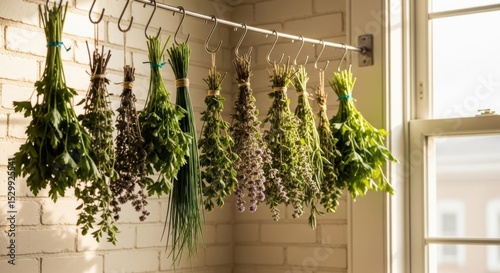 Fresh herbs drying on hooks in sunlit kitchen: culinary aromatics collection