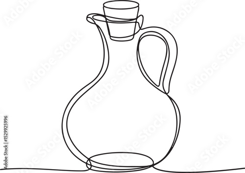 Continuous line drawing of a glass carafe with handle and cork stopper in minimalist black and white style

