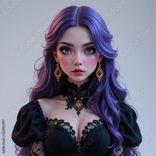 Girl Woman With Long Purple Hair And Wearing Ornate Gold Earrings And Black Lace Choker And Conveying Gothic Elegance.eps