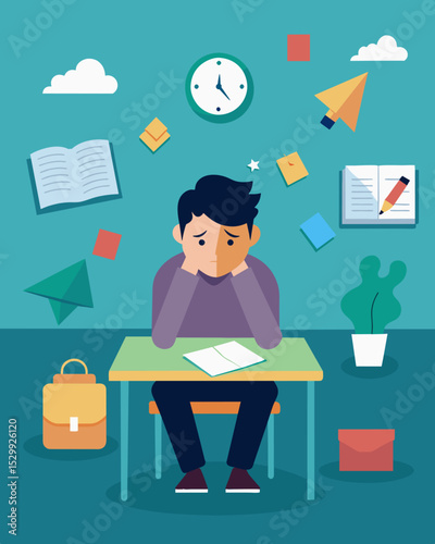 An empty classroom with a lone student sitting at their desk surrounded by malicious notes and drawings of faceless figures mocking and ridiculing them.. Vector illustration