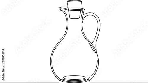Continuous line drawing of a glass carafe with handle and cork stopper in minimalist black and white style

