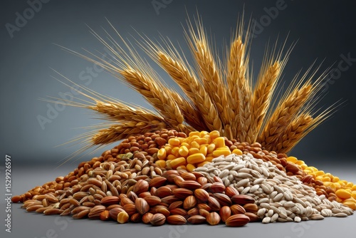 Vibrant display of grains and seeds showcases nature's bounty in an artistic arrangement