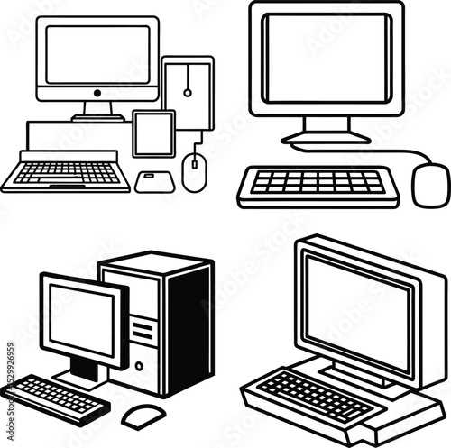 Workspace setup with laptop, desktop, monitor, mouse, and keyboard in outline style vector illustration for digital design.
